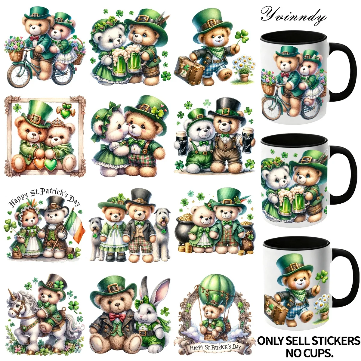 

Набор из 12 наклеек «Маленькие медвежата» для упаковки стеклянных банок ко Дню Святого Патрика, УФ-ДТФ бумага для высокоточной переноски изображений