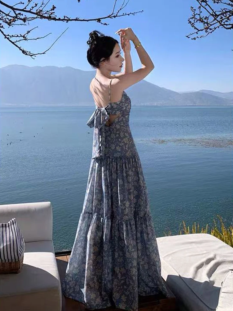 Seksowna Sukienka na Ramiączkach z Wycięciami Damska Letnia Vintage Kwiatowa Sukienka z Odkrytymi Ramionami Plisowana Y2K Sukienki na Cienkich Ramiączkach Wakacje na Plaży Vestidos