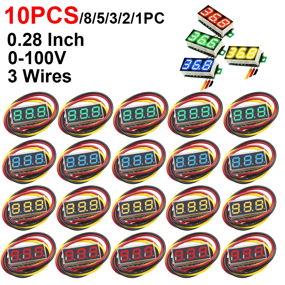 1-10pcs 0.28 Inch 3 Wires Digital Voltage Meter DC 0-100V Digital Voltmeter Voltage Tester Meter LED Screen Meter Panel Tester