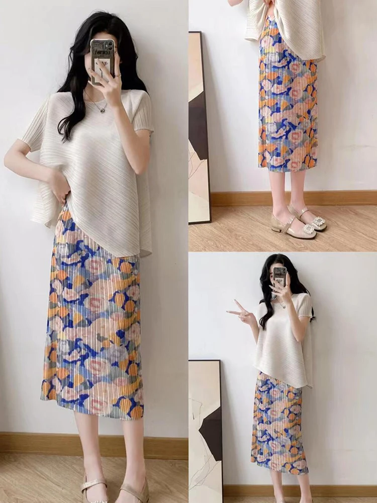 

Comfortable Pure Color Women's Suit Summer New Sle High Waist Pleated Skirt Simple Design Commute Sle Polyester Fiber