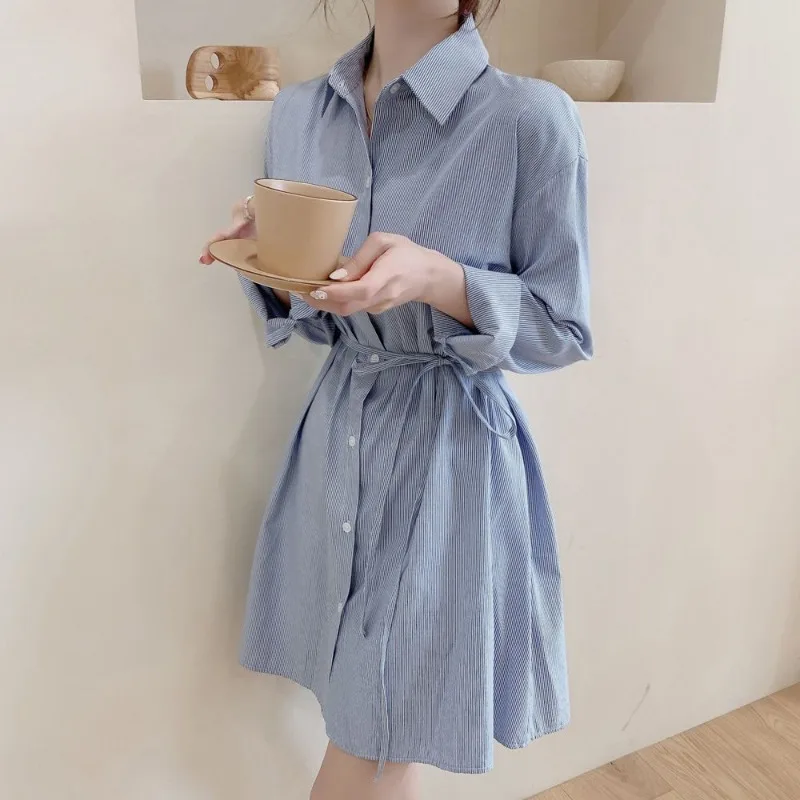 Women\'s Clothing Spring Autumn Turn-down Collar Solid Color Pullover Button Long Sleeve Casual Elegant Knee Skirts Dresses