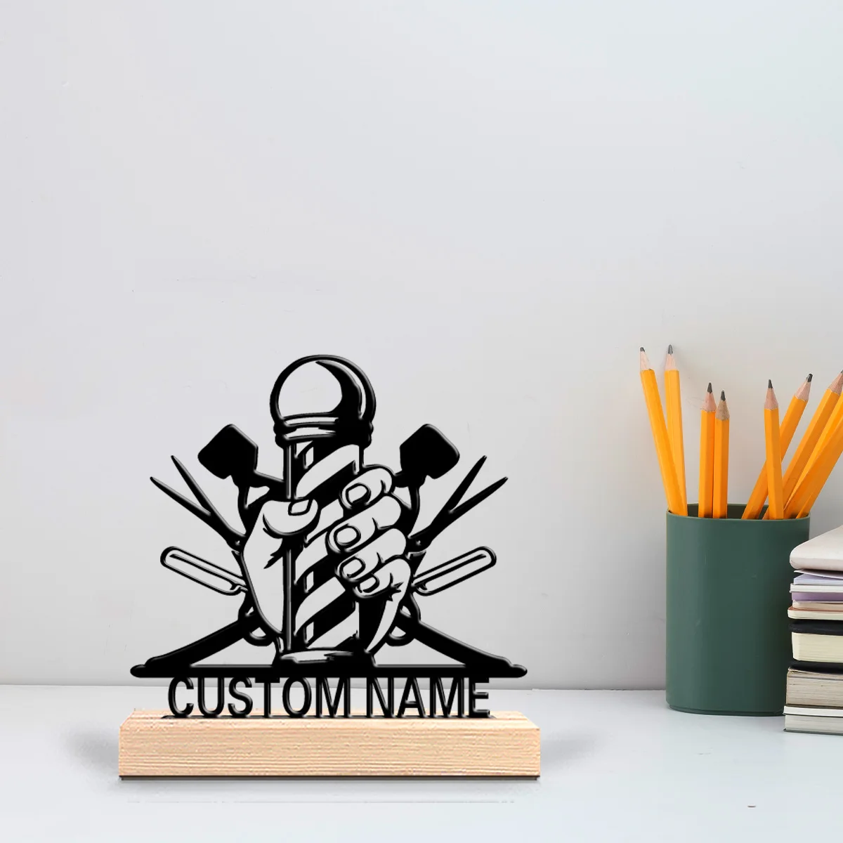 1pc Simple BARBER haircut Metal Statue Custom Name Art Crafts With Wood Base Iron Statue With Wood Base For Friend Gifts