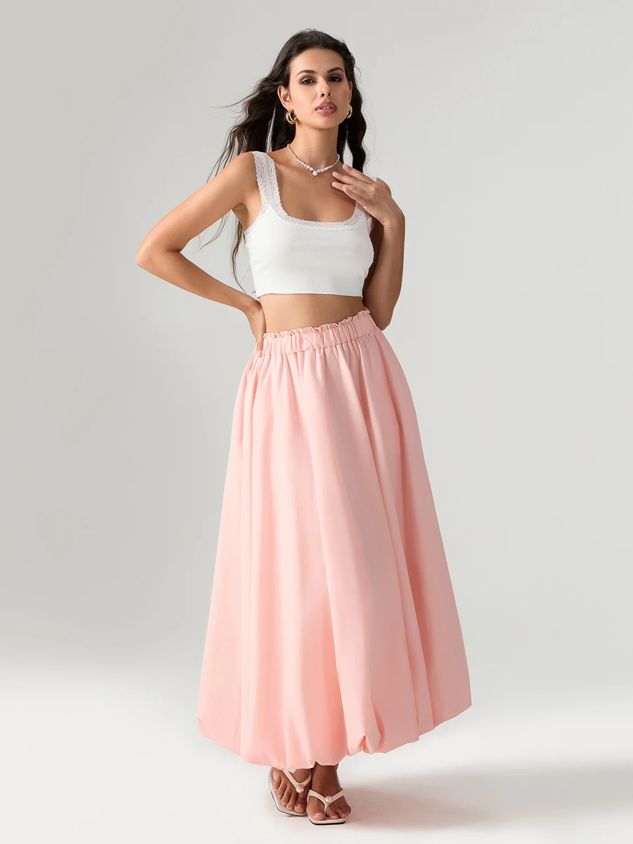 

Women's Long Skirts Cute Puffy Floral Flowy Fit Vintage Bud Bubble Casual Elastic Waist Solid Color A-Line Skirts with Pockets