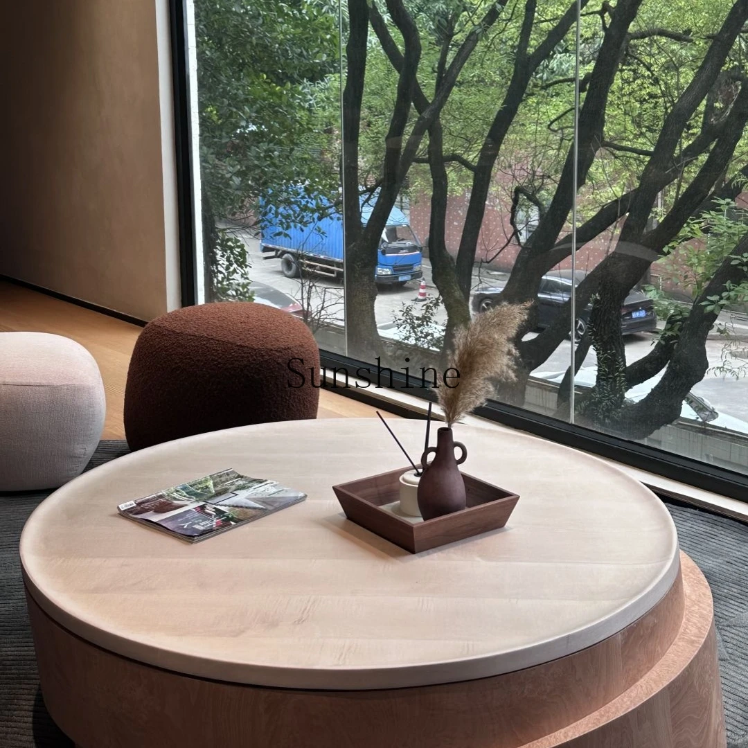 Wabi Sand Wind Light Luxury Round Living Room Solid Wood Cream Wind Coffee Table Rotatable Advanced Sense