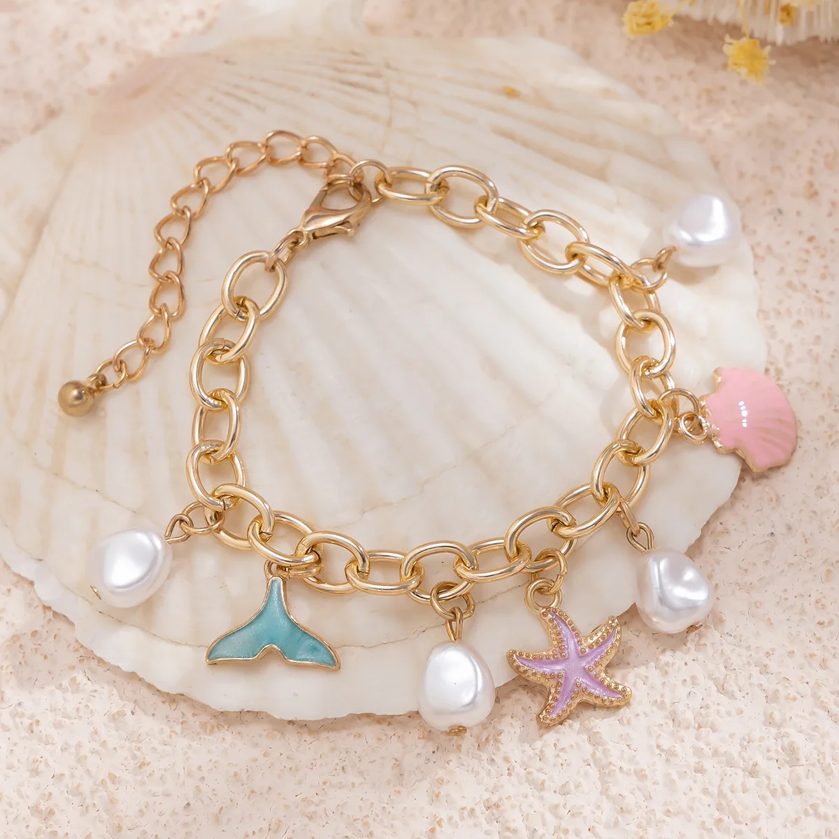 Retro Enamel Pink Shell Pearls Pendant Chains Bracelet Women Mermaid Tail Star Starfish Adjustable Bangle Girl Hand Jewelry Gift