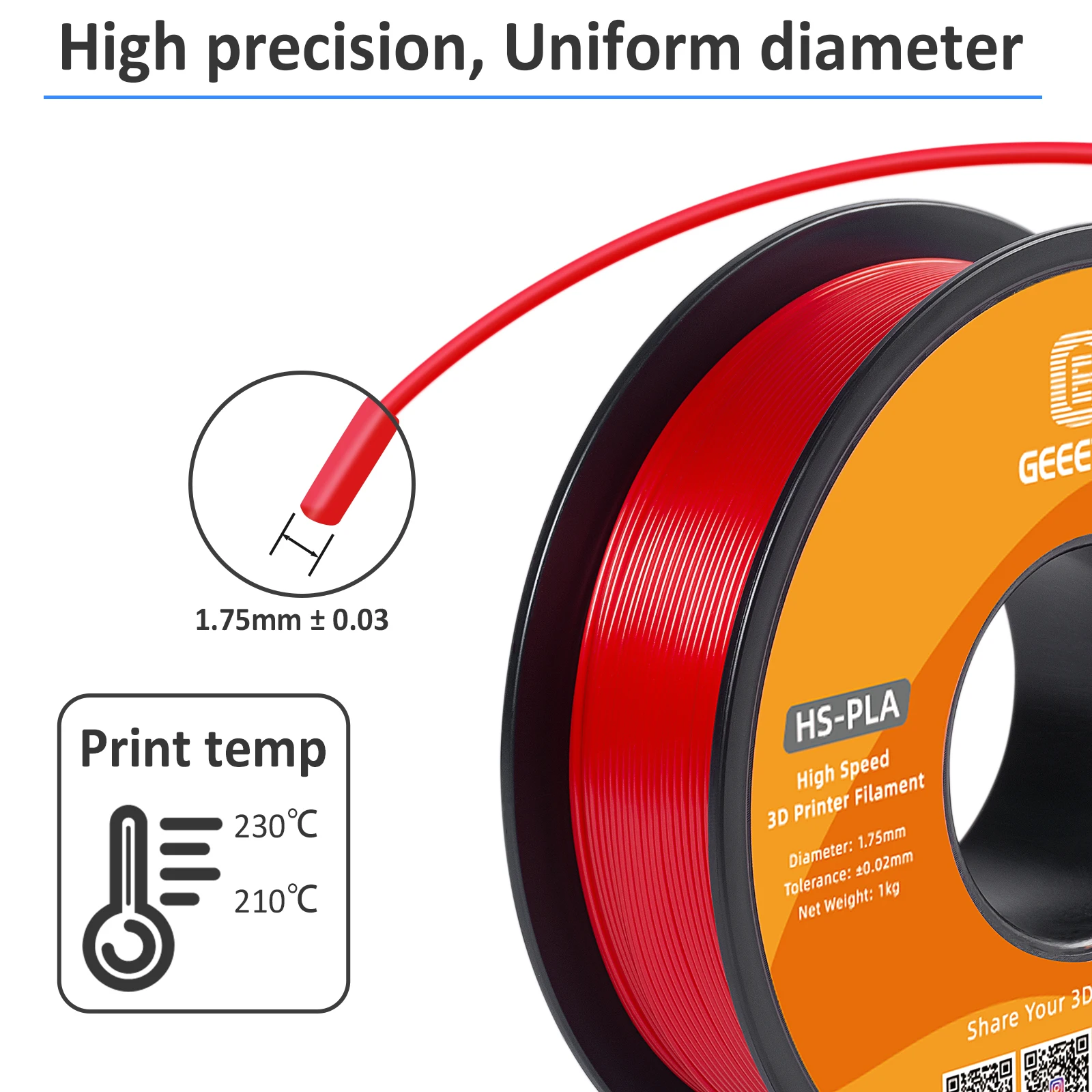 Geeetech 1.75mm PLA 3D Printer Filament, 1kg Spool (2.2lbs), Dimensional Accuracy +/- 0.03mm, red