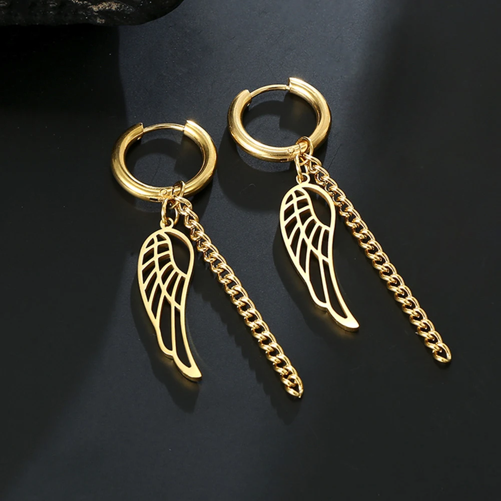 Lucktune Angel Wing Clip Earrings Stainless Steel Fashion Tassel Dangle Piercing Earrings for Women Kpop Jewelry Party Gifts