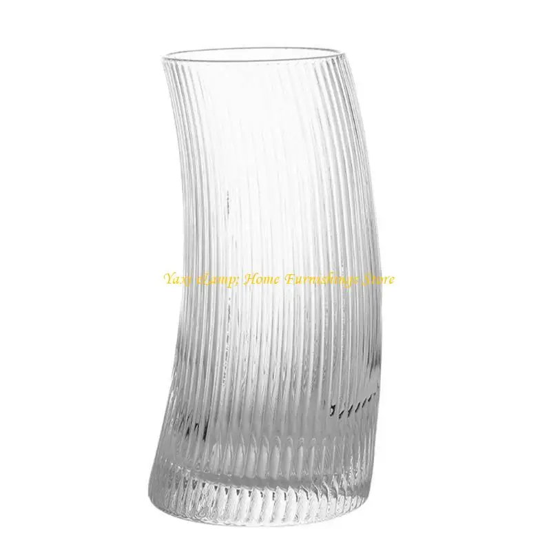 W8EA Clear Glass Mug Curved Design Ribbed Drinkware for Breakfast or Afternoon Drink