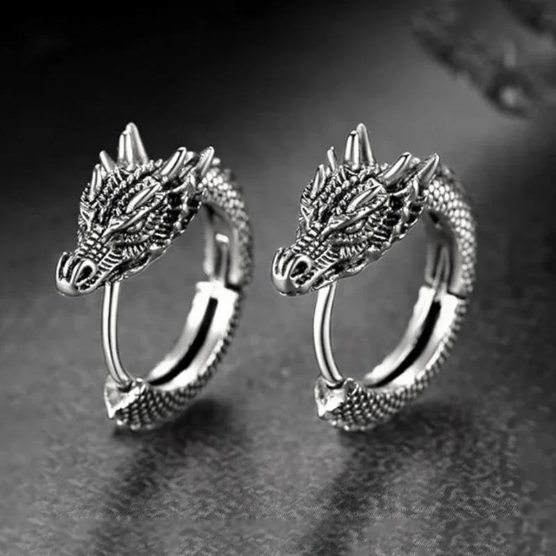 Huitan Personality Chinese Dragon Hoop Earrings for Women/Men Antique Metal Color Hip Hop Cool Guys Loong Earrings Hot Jewelry