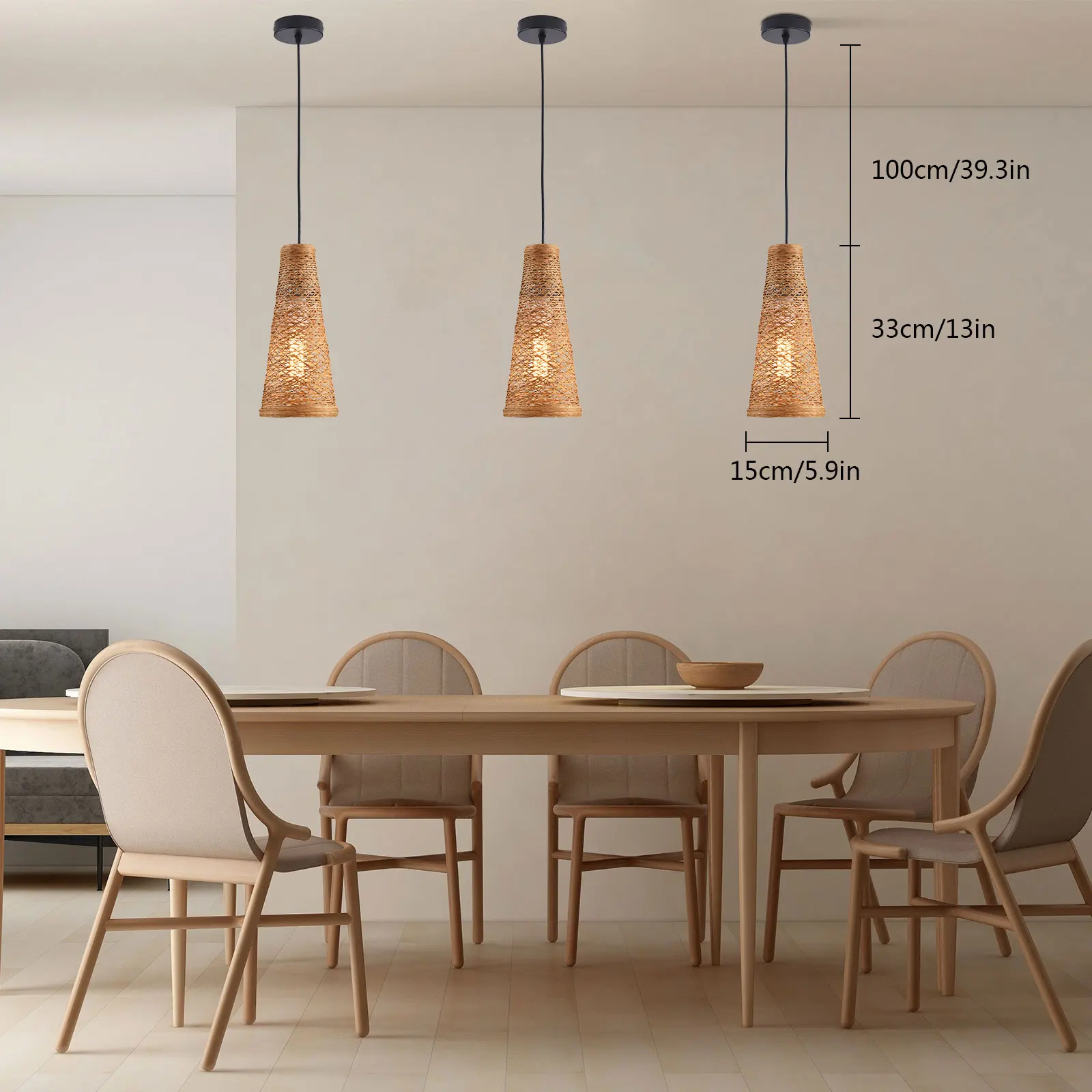 Bambu Art Pendant Light, luminária de vime, lâmpada do teto suspensa, luz de vime para sala de estar, decoração de casa, 3pcs