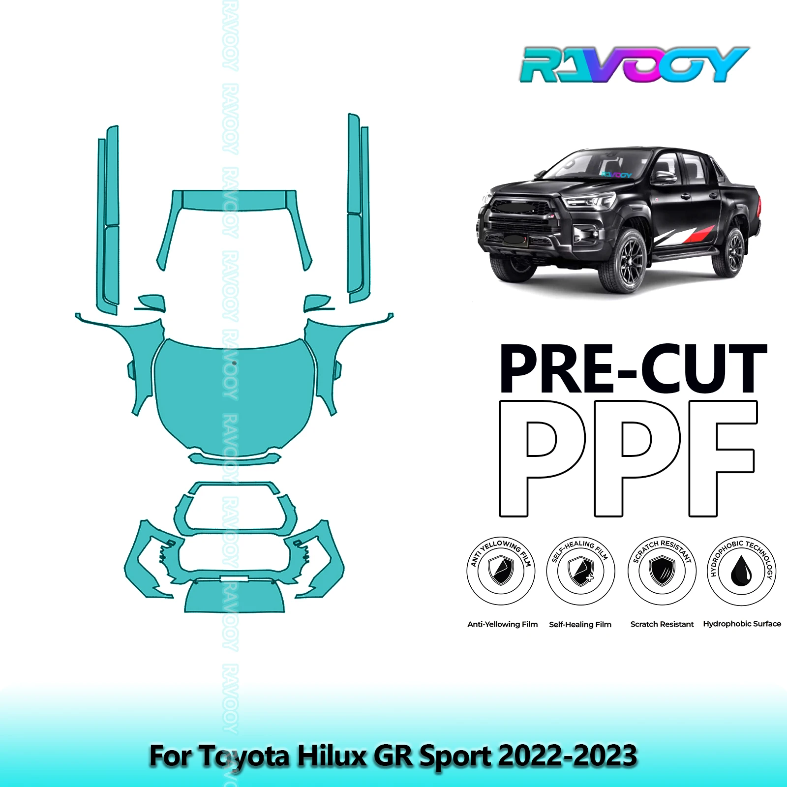 

8.5Mil Precut Paint Protection Film PPF Clear Bra Front Kit+Rockers For Toyota Hilux GR Sport 2022-2023