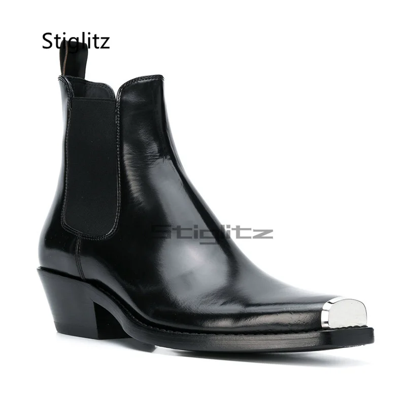 

Metal Square Toe Men's Elastic Boots British Style Black Genuine Leather Ankle Boots Business Dress Wedding Male Shoes Med Heel