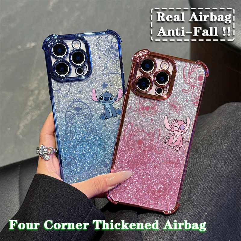 Disney Pink Stitch Plating Case For Samsung S24 S23 S22 S21 S20 FE Note20 Plus Ultra Lite 5G Shockproof Anti Fall Cover