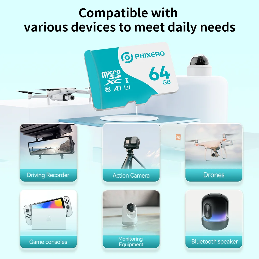 بطاقة PHIXERO Micro SDXC، A1، V30، UHS-I، U3، فئة 10 سرعة تصل إلى 60 ميجابايت/ثانية 16 جيجابايت 64 جيجابايت للكاميرا/الطائرة بدون طيار/كاميرا داش كام/وحدة تحكم الألعاب