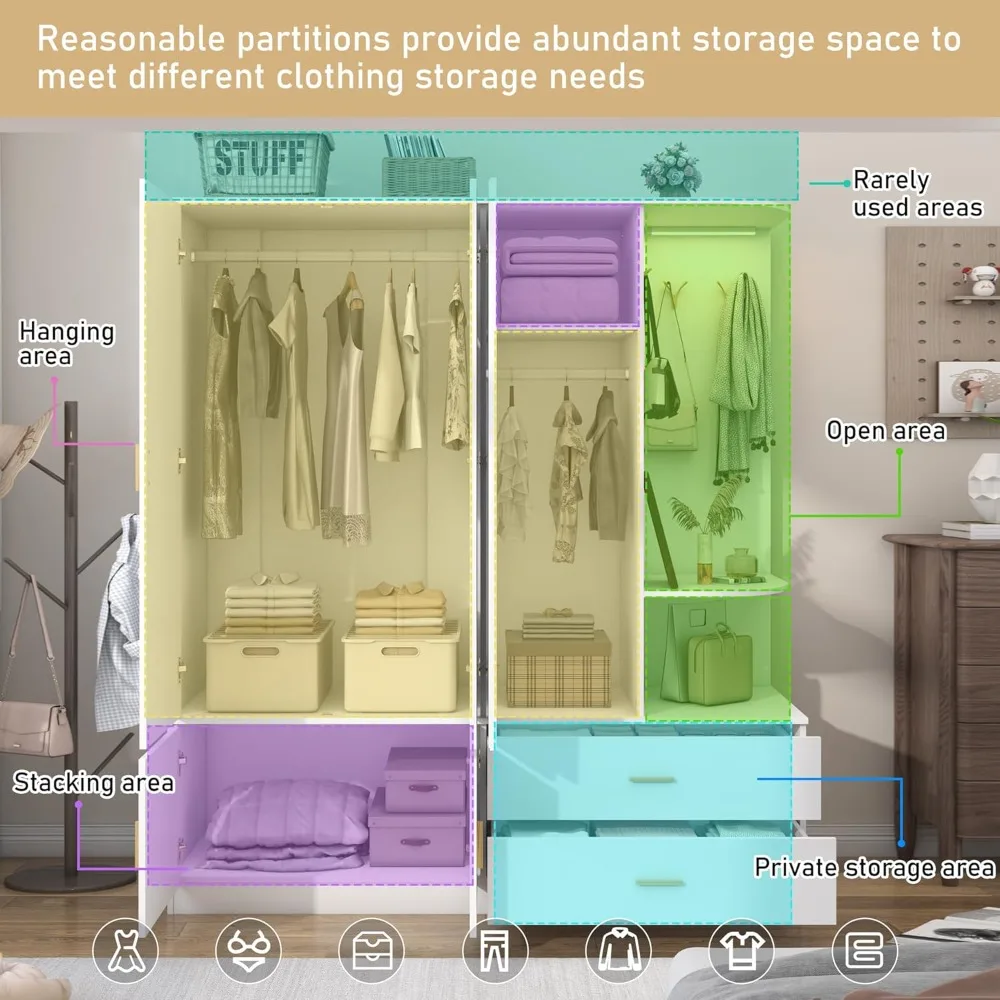 Wardrobe with Mirror and Sensor Light, 5 Doors 2 Drawers, with Shelves, 4 Hooks, 2 Hanging Rails, Open Space