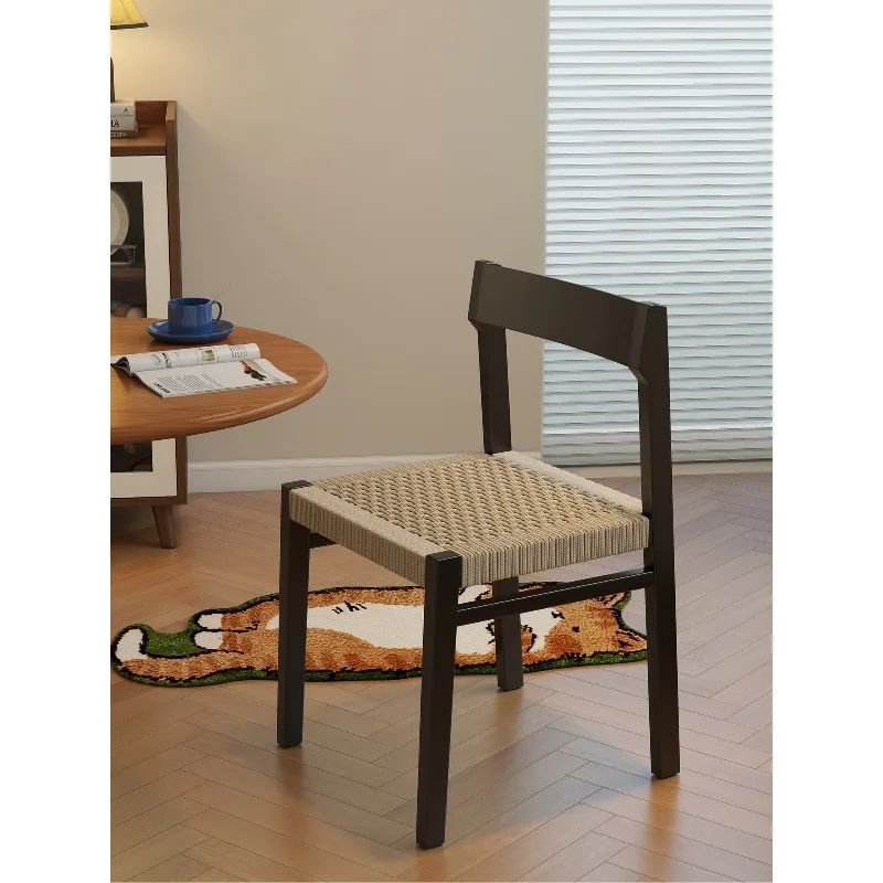 

French retro solid wood dining chair, small apartment restaurant rope chair