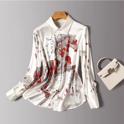 Satin Printed Women's Shirts Summer 2023 New Loose Vintage Blouses Long Sleeves Ladies Clothing Silk Women Tops