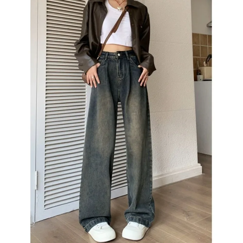 Deeptown Vintage Basic Frauen Jeans breite Beine übergroße koreanische Mode Jeans hose hohe Taille Baggy Hose Streetwear lässig