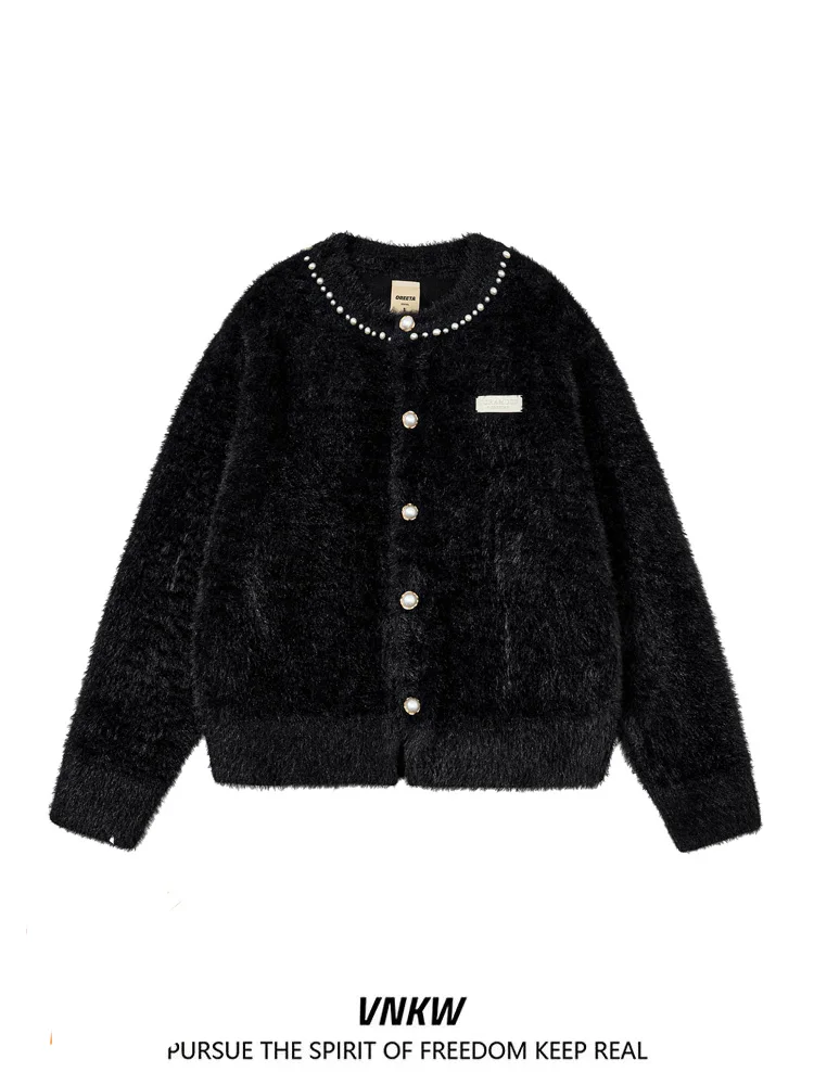 

Утепленный мягкий вязаный кардиган из норки для мужчин, осенне-зимний, модный, универсальный, с жемчужным декором и пуговицами