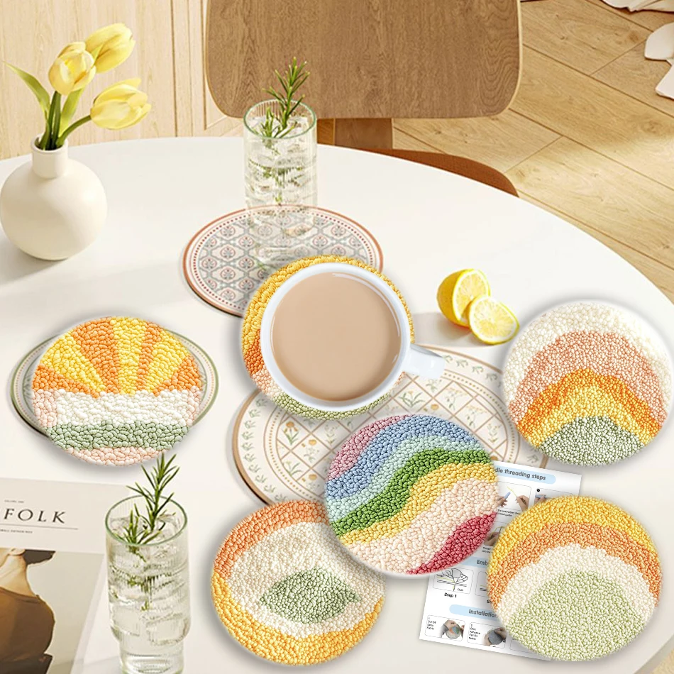 

6 Patterns Landscape Punch Needle Coasters Kit for Beginners Adults DIY Set of Punch Needle Embroidery Kit Diy Craft