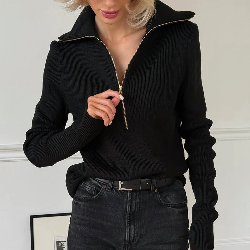 女性ハーフジッパートップニットハイカラーセーター厚く暖かい長袖ジャンパーカジュアルシンプルな無地オーバーサイズプルオーバー