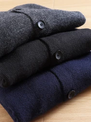 50 Wool 50 Cotton Heavy Knitted Sweater Men's Autumn Winter V-neck Casual Open Cardigan Warm Long Sleeve  Color Knitwear