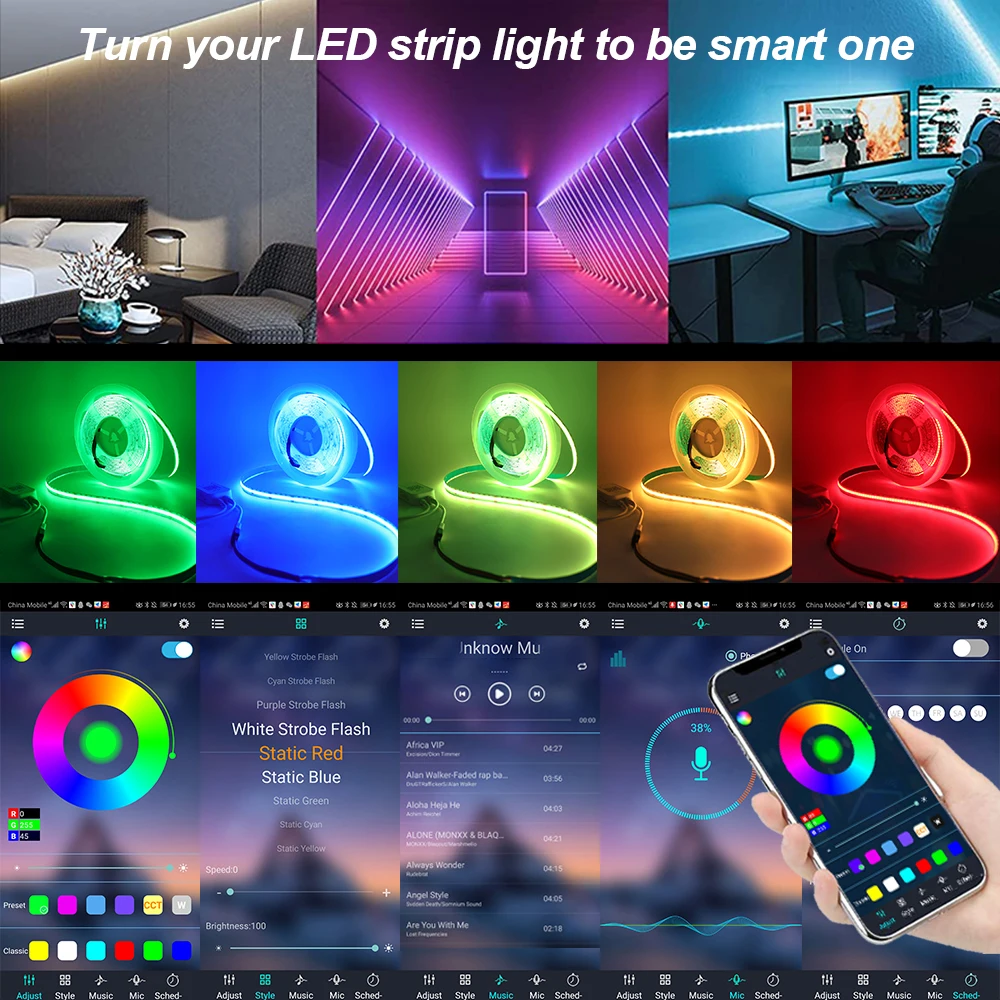 RGB COB LED Strip WIFI Bluetooth-compatible 12V 24V 840LEDs/M 24key 44key Remote Control Kit Flexible Tape BackLight Room Decor