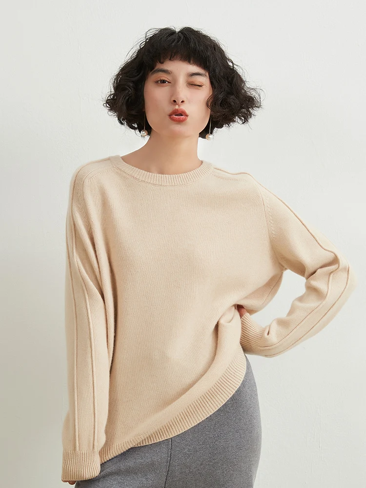 Women\'s Round Neck Thick Cashmere Sweater, 100% Pure Cashmere, Loose Joker Knit Bottoming Shirt