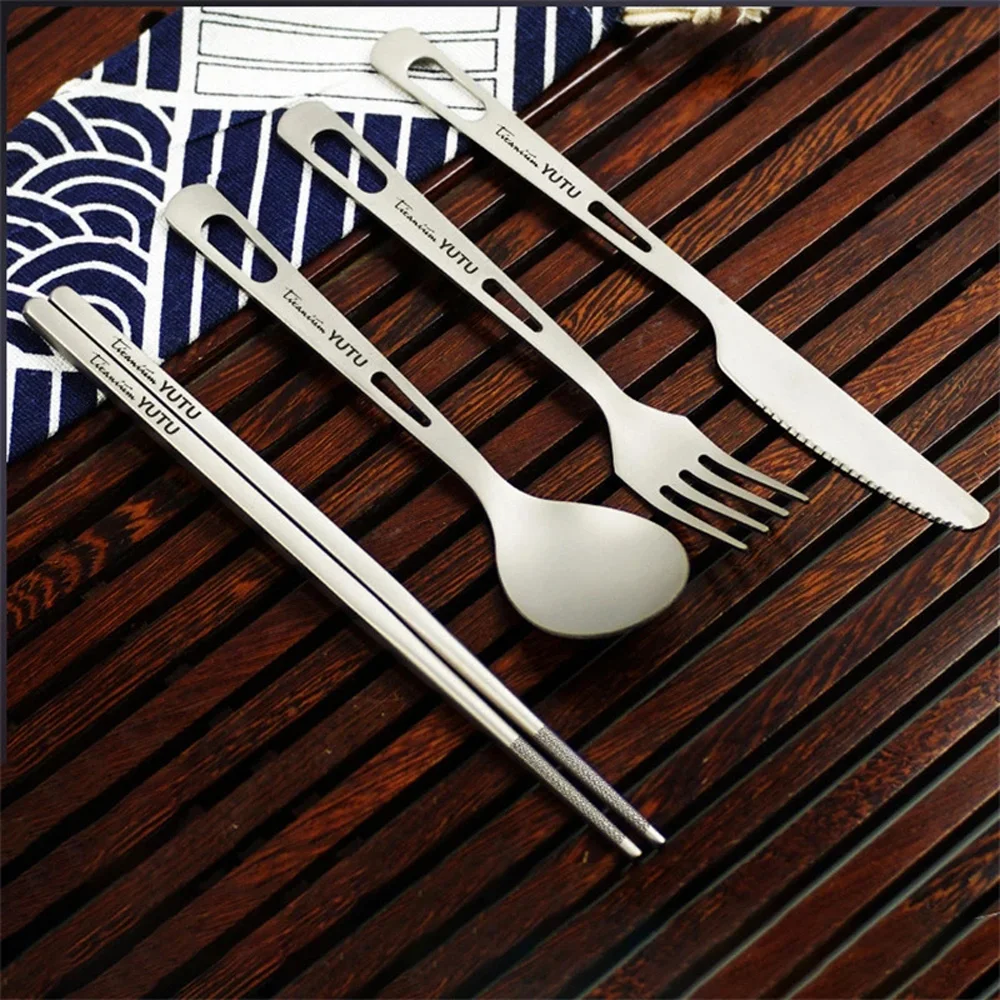 Pure Titanium Tableware Set Household Frosted Knife and Fork Spoon Chopsticks Travel Camping Portable Knife Fork Set