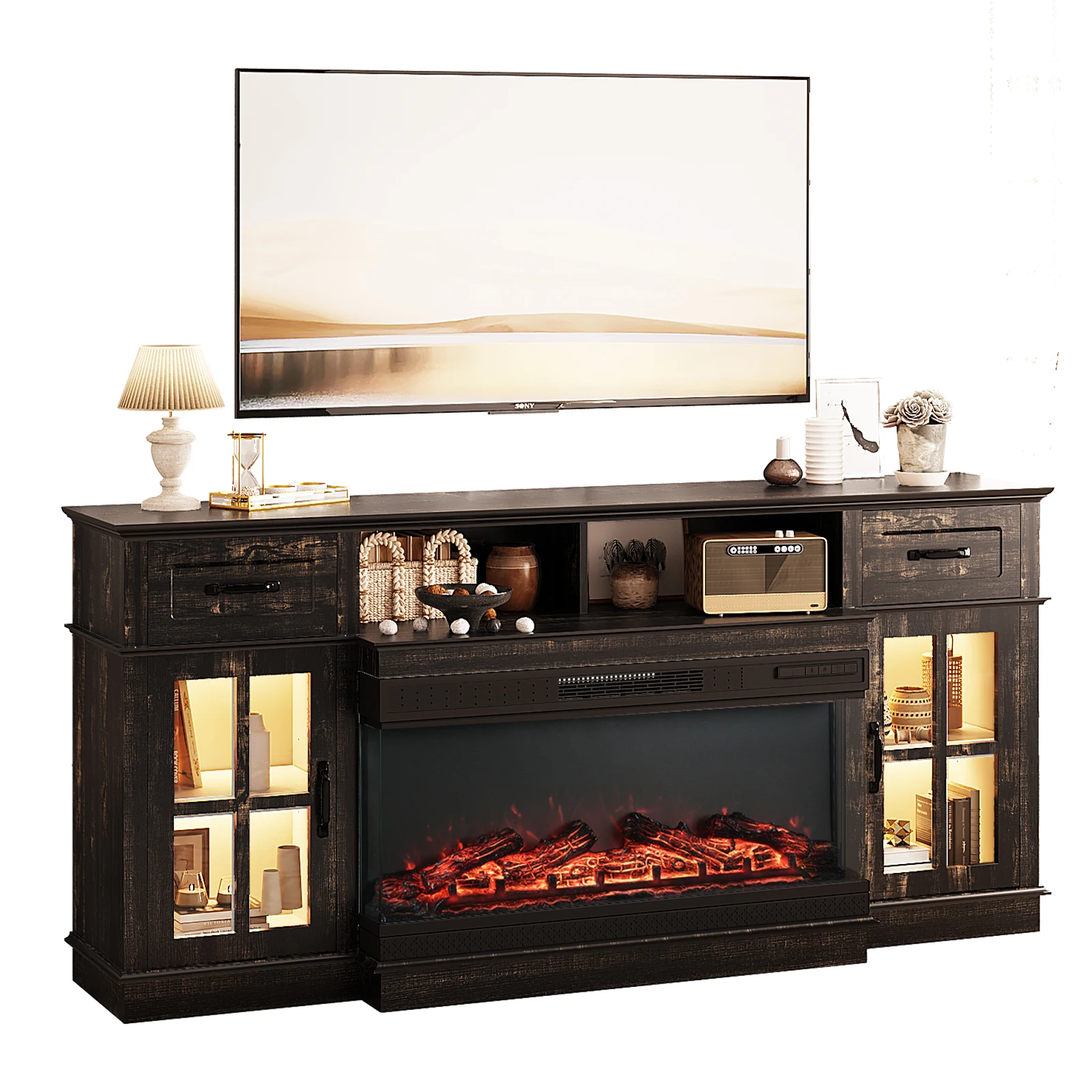 70 Inch Black Gold Oak Electric Fireplace TV Stand with 2 Lattice Glass Doors 2 Drawers and Shelf Compatible with 36 Inch 3