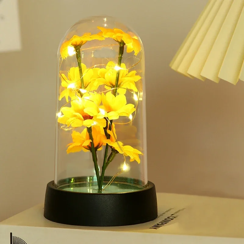 LED Eternal Flower Luminous Sunflower Ornament Acrylic Transparent Cover Mother's Day Gifts Light Up Valentine's Day Supplies