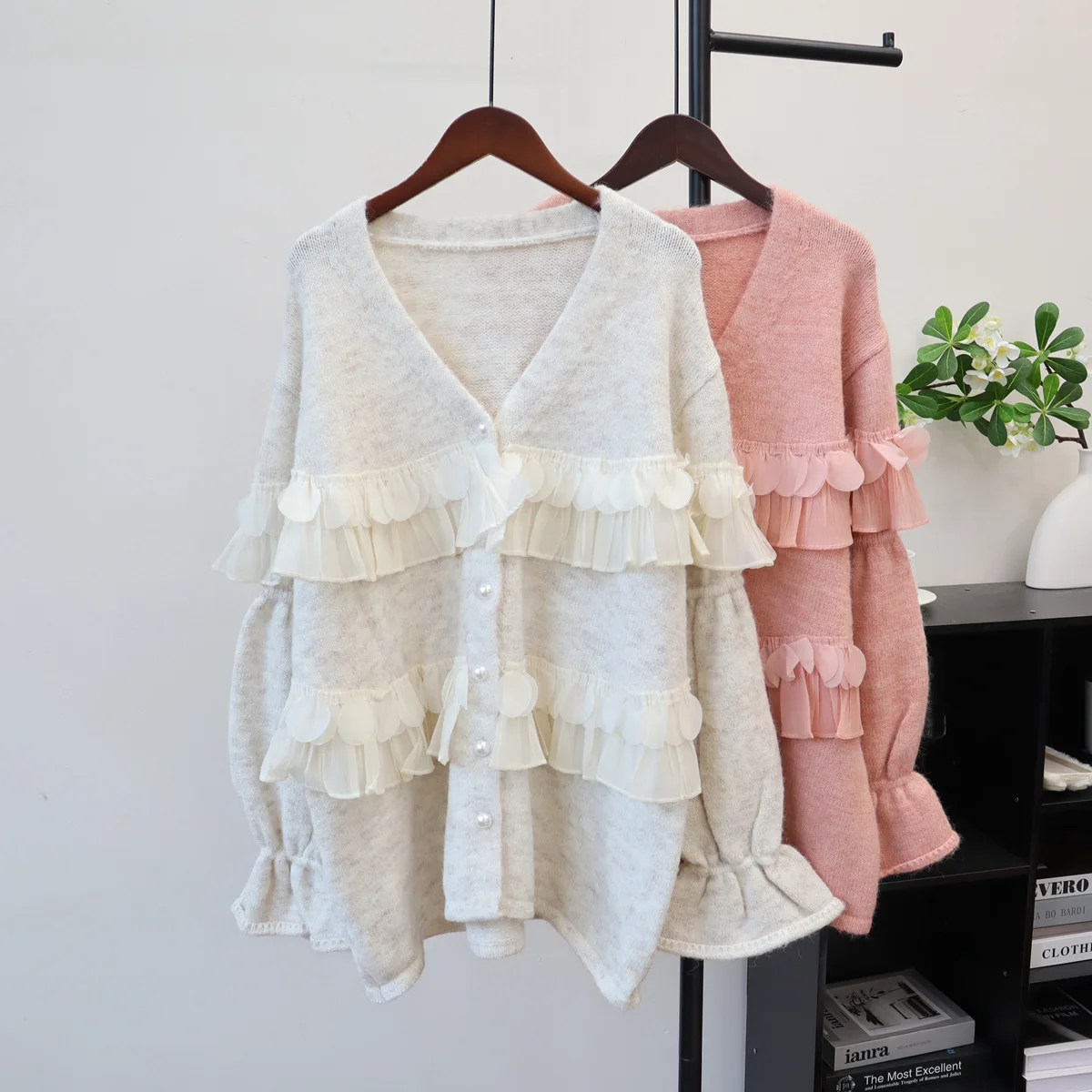 

2025 Autumn winter new mid Length Korean causal splicing mesh knitted cardigan fashion sweater jacket for women