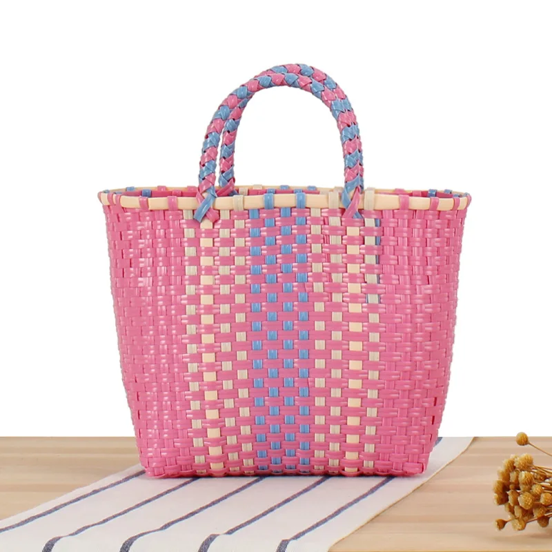 New color contrast plastic basket hand-woven bag carrying picnic basket bath basket