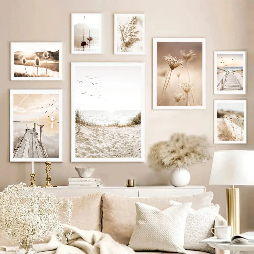 

Beige Dried Grass Reed Posters Natural Landscape Wall Art Lake Bridge Print Pictures Nordic Wall Painting Living Room Home Decor