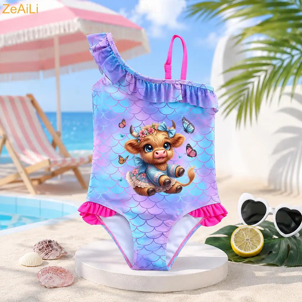Animal Cow Print Baby Girl Mermaid Fish Scale Swimsuit One-Piece Swimwear Toddler Vacation Bathing Suit Beach Outfit Aged 4-12