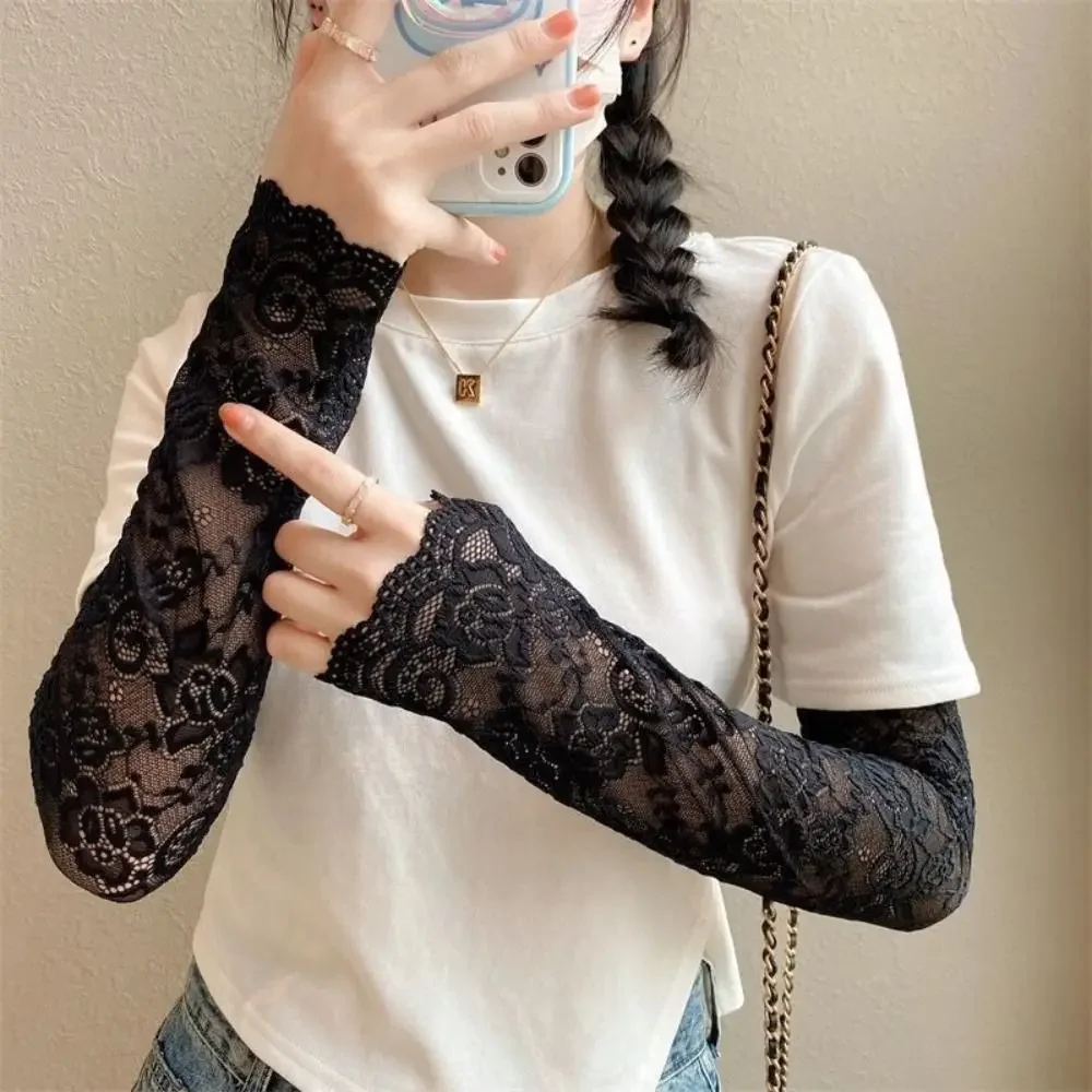 Sun Protection Anti-UV Ice Silk Long-Sleeved Gloves with Lace Design UV Insulation Arm Covers for Cycling And Outdoor Activities