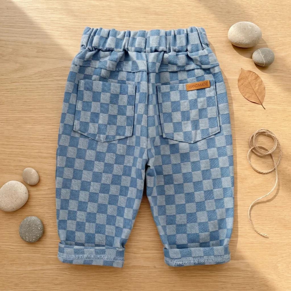 Spring Autumn Children Loose Casual Pants Baby Boys Girls Blue Checkered Denim Pants Elastic Waist Pocket Kids Trousers 0-3Y