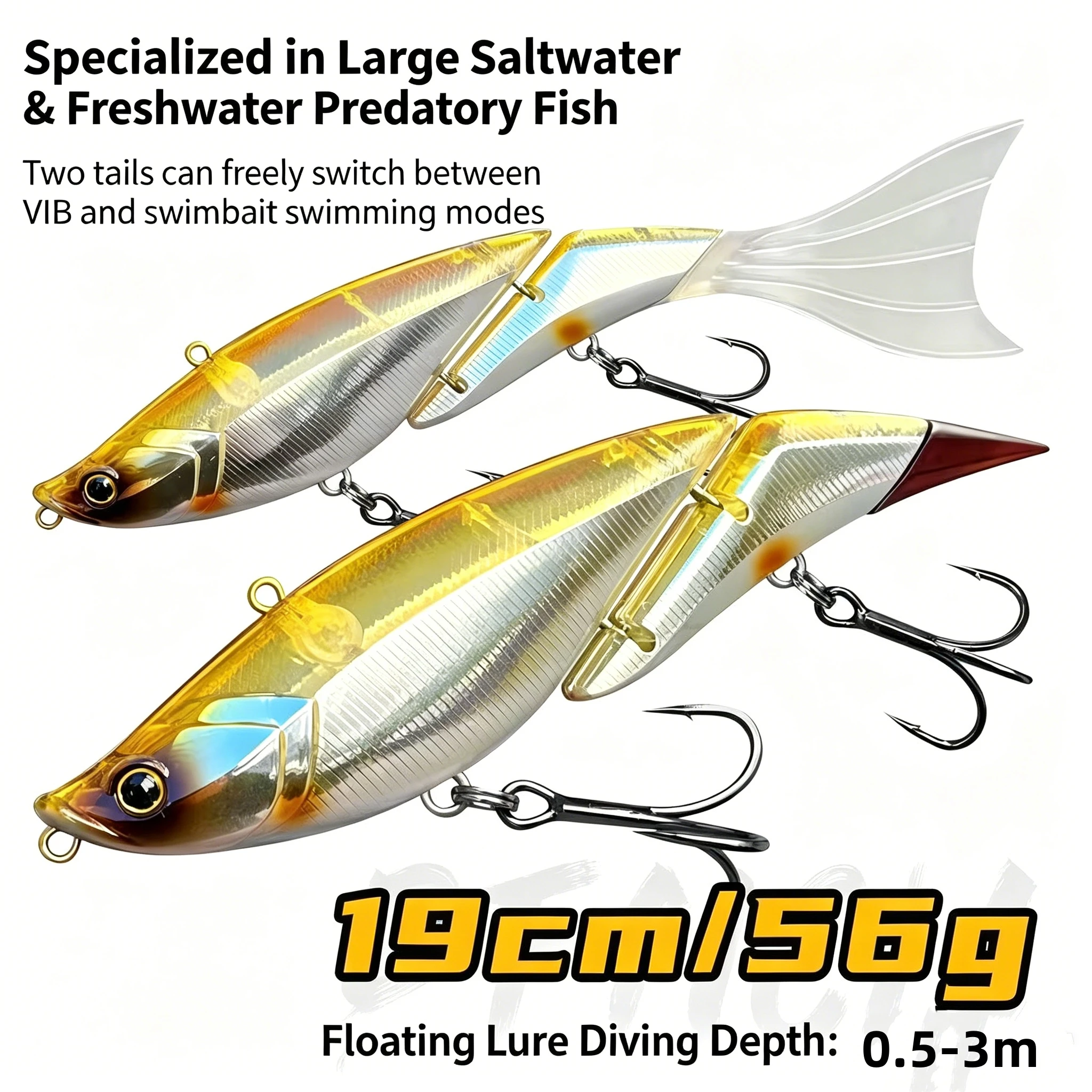 

2 in 1 Dual Mode VIB Swimbait 19cm/56g 26cm/59g Floating Hard Fishing Lure Interchangeable Tail Long Casting Lifelike Artificial