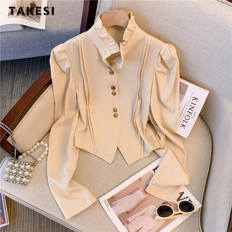 French Style Elegant Stand Collar Solid Color Luxury Blouses 2023 Winter Women Casual Chic Long Sleeve Chiffon Thin Shirts Top