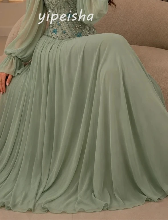 Customized Sparkle Women Chiffon Rhinestone Beading A-Line Evening Dress Formal Square Neck Long Sleeves Floor Lenght Party Gown