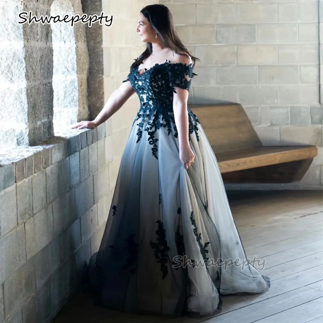 Black Lace Off-Shoulder Wedding Dress Plus Size A-Line Bridal Gown With Champagne Liling Customized Gothic Women Dresses