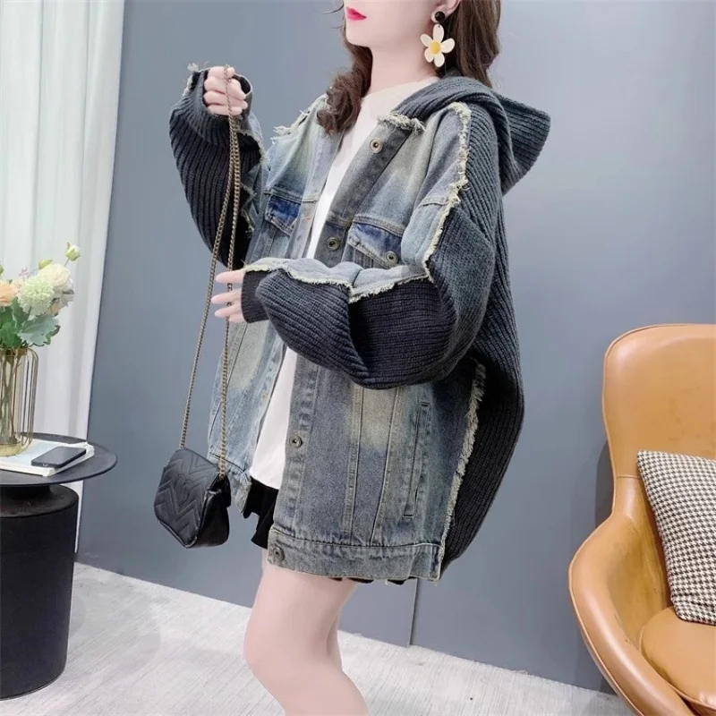 Loose Lazy Denim Patchwork Sweater Cardigan Women's 2025 Autumn And Winter New Retro Hooded Jacket Top Trend W39