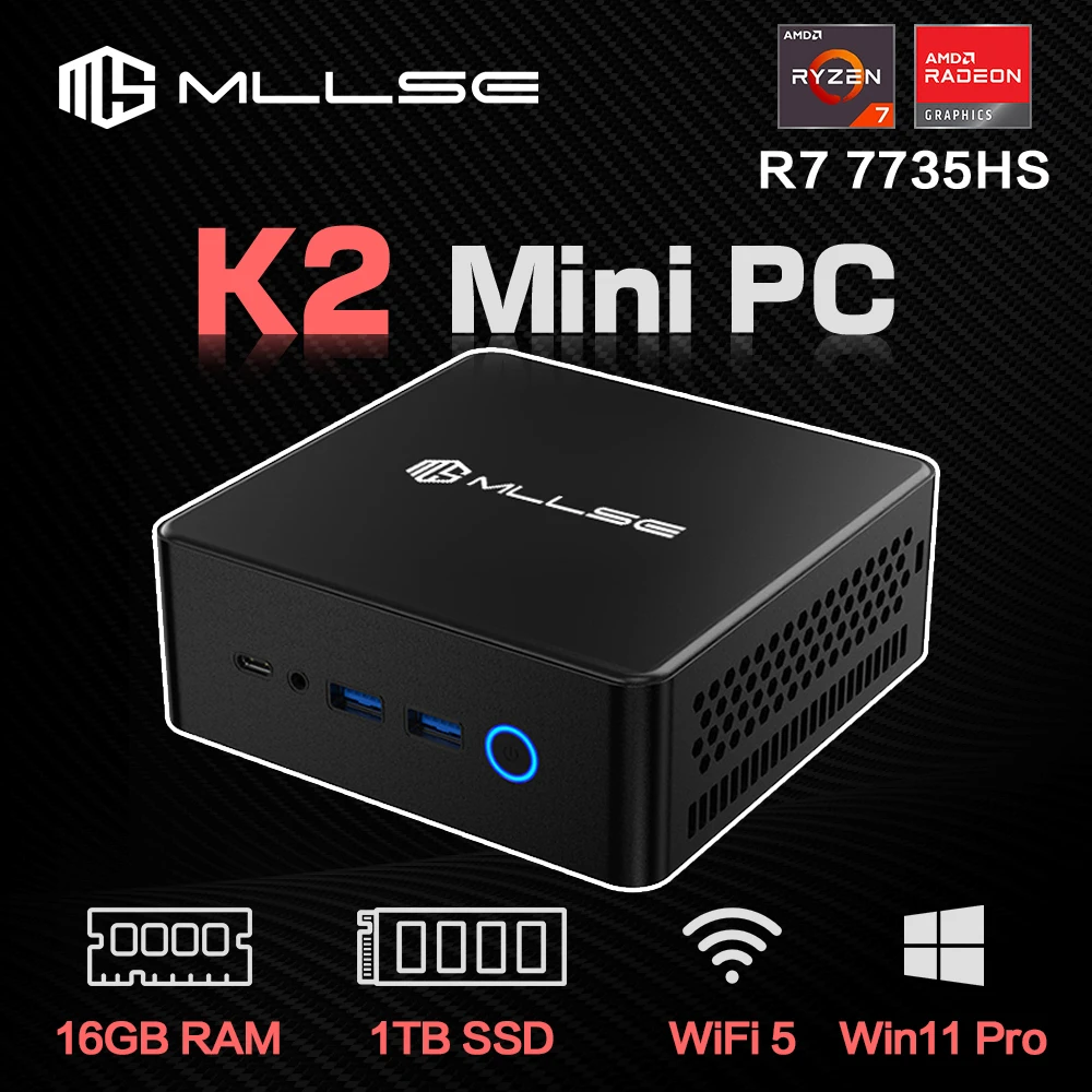 MLLSE 데스크탑 게임용 컴퓨터 미니 PC, K2, AMD Ryzen 7 7735HS, 8C, 16T, DDR5, 16GB RAM, 1TB ROM, SSD, Window 11 Pro, BT5.0, WiFi5 