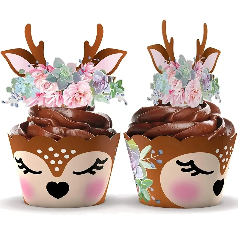 12pcs Cartoon Sika Deer Cupcake Wrapper Antlers Paper Cake Toppers Merry Christmas Xmas New Year Birthday Party Decoration