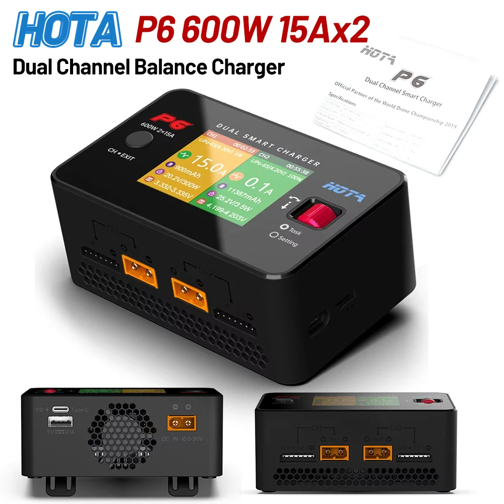 HOTA P6 Podwójna inteligentna ładowarka AC240W DC600W 15A do 1-6S Lipo NiMH NiCD LiHV NiCd PB Ładowarka do akumulatorów litowo-jonowych T240 Zasilacz