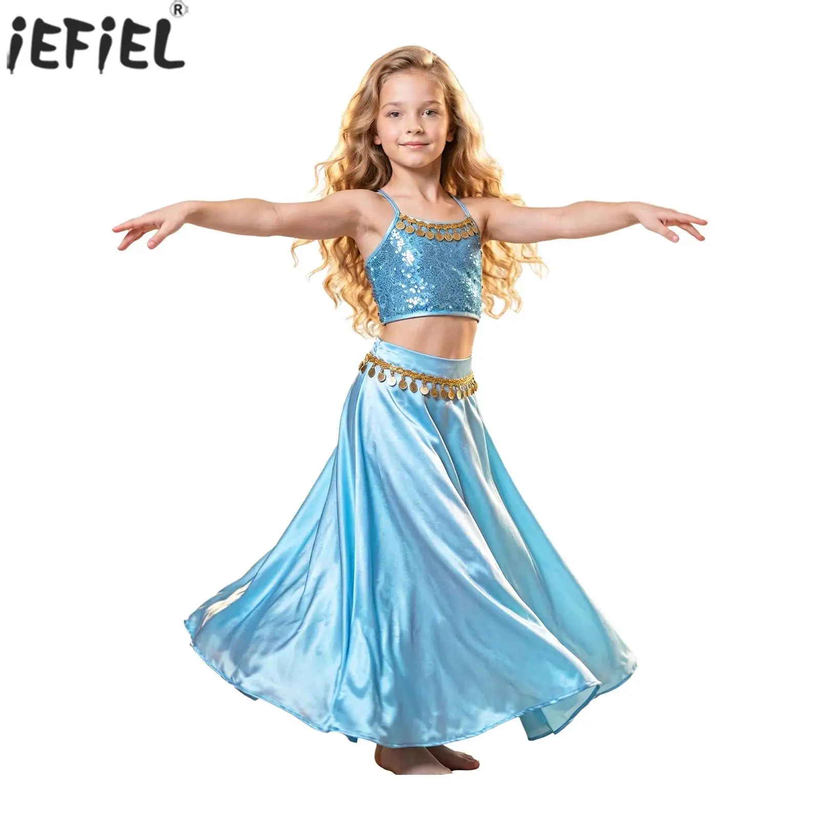 Kids Girls Sequin Tassel Belly Dance Outfit Halloween Indian Arabian Princess Costume Spaghetti Straps Crop Top with Satin Skirt
