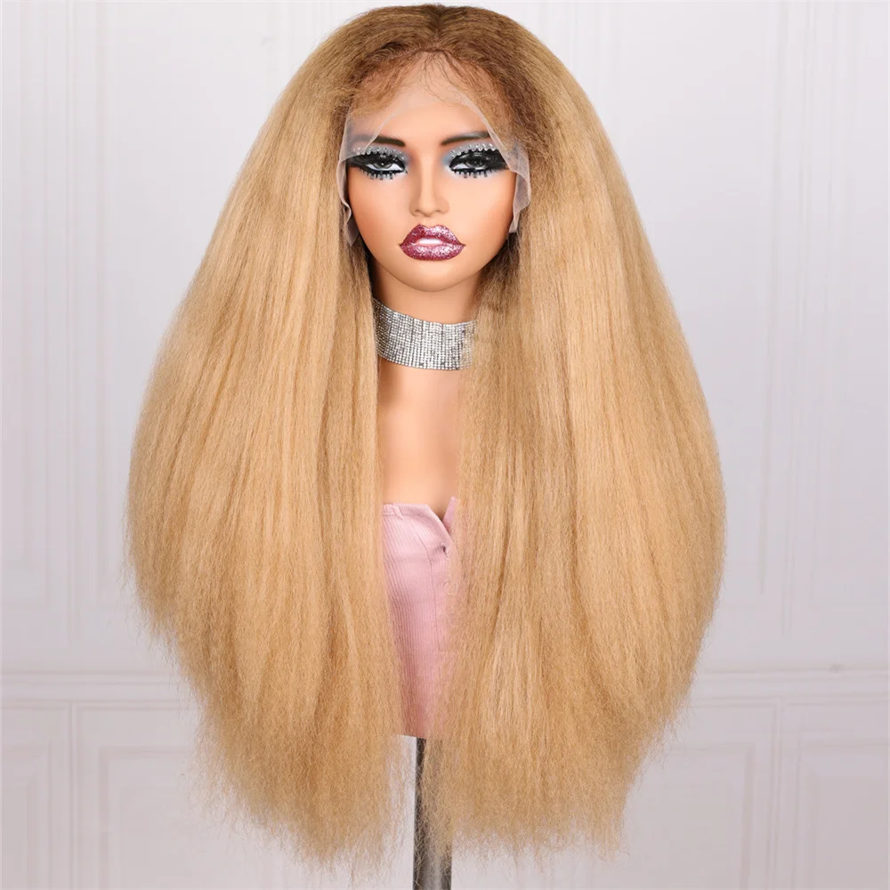 

26 дюймов 180 Плотность Бесклеевой Синтетический Ombre Блондин Яки Прямой Длинный 13*4*1 Парик Фронта Шнурка Для Женщин Детские Волосы Предварительно Сорванные Ежедневно