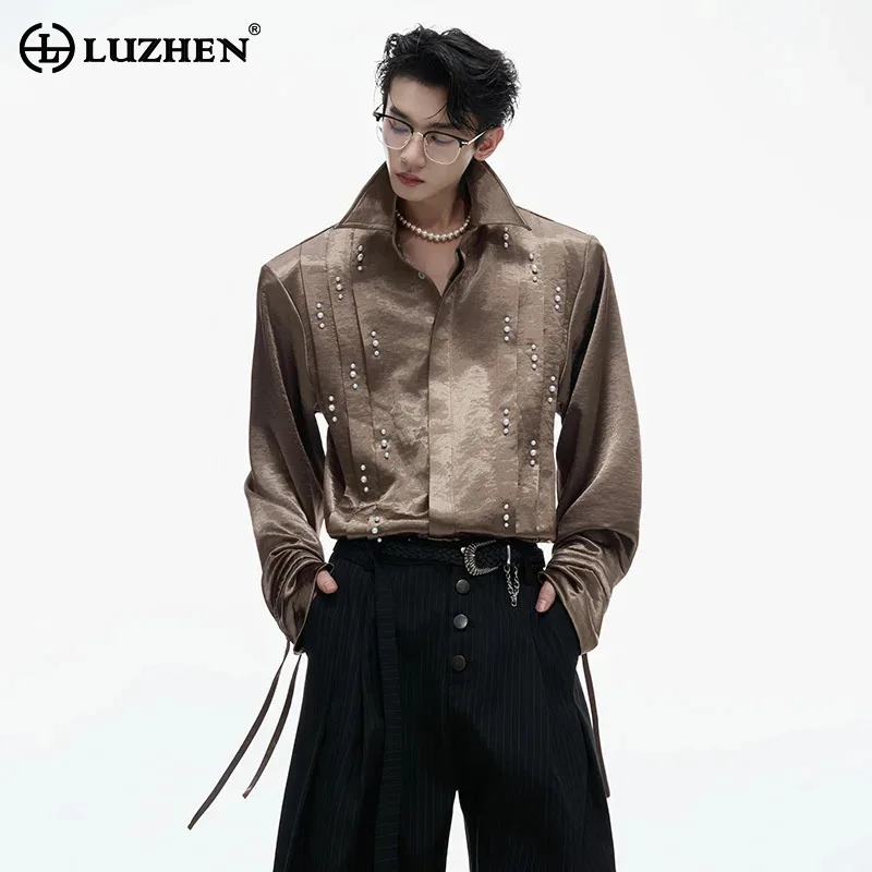 

LUZHEN 2025 Autumn Personalized Ribbon Decorate Patchwork Design Long Sleeve Shirts Men's Original Handsome Elegant Tops JY3945