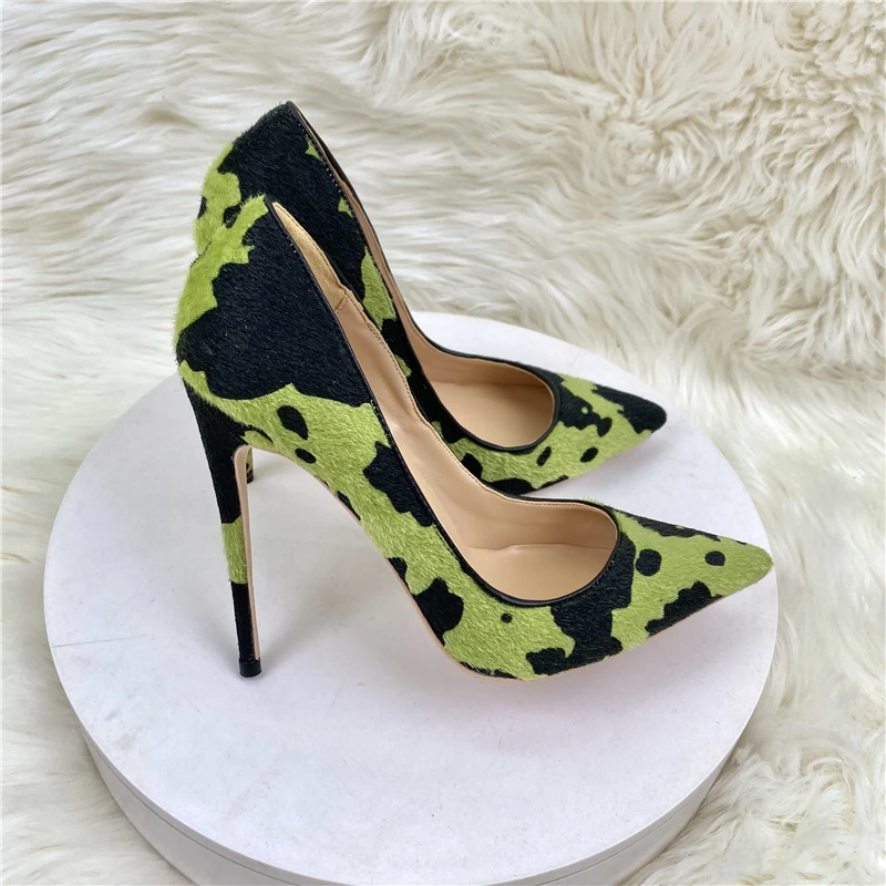 Tikicup Hairy Grafitti Pattern Women Green Pointy Toe High Heel Shoes Unique Design Sexy Slip On Stiletto Pumps Plus Size 33-46