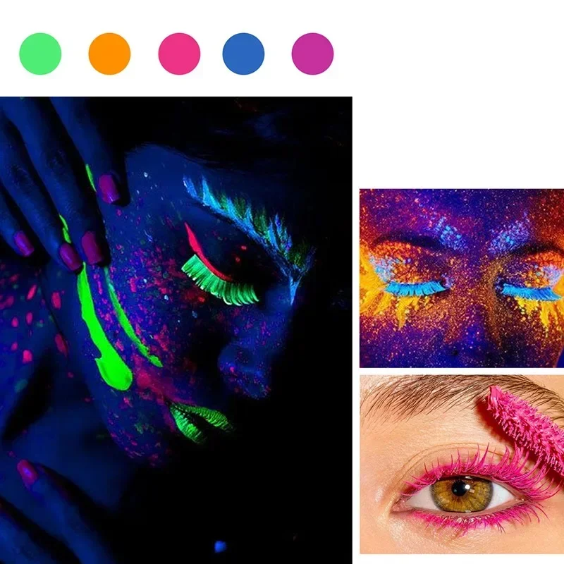 Máscara fluorescente de colores para fiesta, rímel luminoso resistente al agua, maquillaje de Ojos de vacaciones, pestañas amarillas y rosas que brillan en la oscuridad